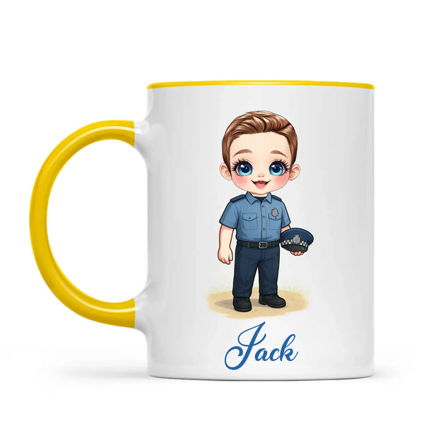 👮‍♂️ Personalised Police Kid Mug / Cup (Ceramic or Enamel) – Customised with Name, Hair, Eyes & Skin Tone