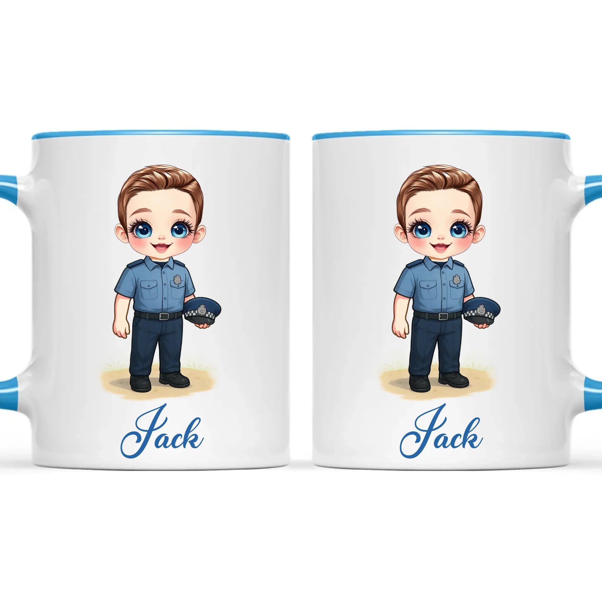 👮‍♂️ Personalised Police Kid Mug / Cup (Ceramic or Enamel) – Customised with Name, Hair, Eyes & Skin Tone