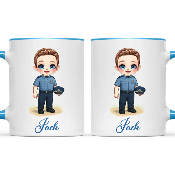 👮‍♂️ Personalised Police Kid Mug / Cup (Ceramic or Enamel) – Customised with Name, Hair, Eyes & Skin Tone