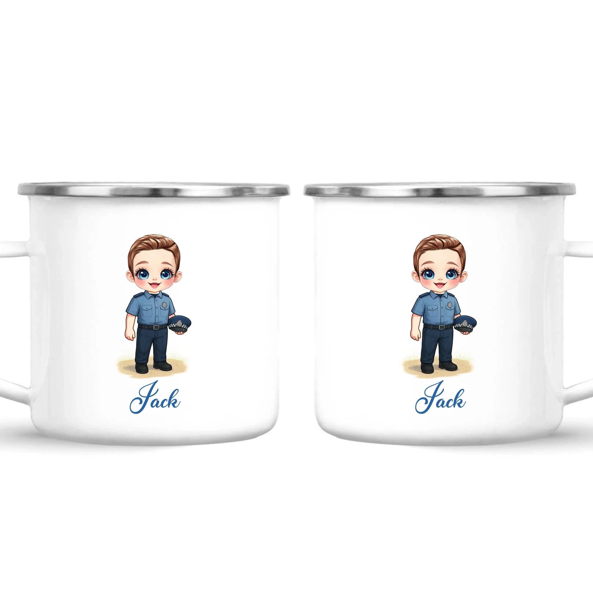 👮‍♂️ Personalised Police Kid Mug / Cup (Ceramic or Enamel) – Customised with Name, Hair, Eyes & Skin Tone