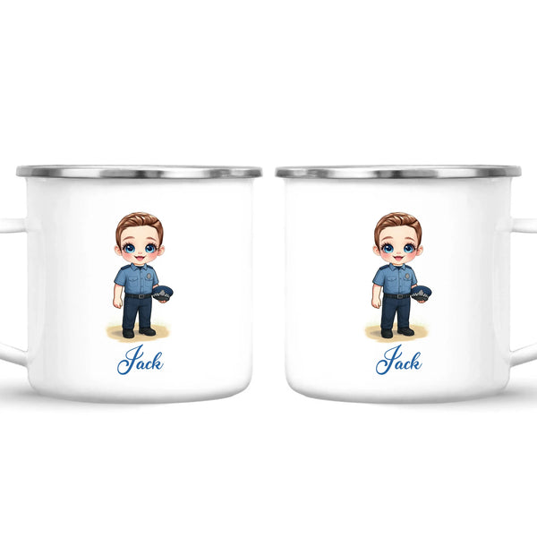 👮‍♂️ Personalised Police Kid Mug / Cup (Ceramic or Enamel) – Customised with Name, Hair, Eyes & Skin Tone