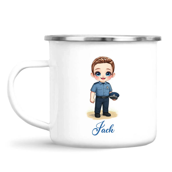 👮‍♂️ Personalised Police Kid Mug / Cup (Ceramic or Enamel) – Customised with Name, Hair, Eyes & Skin Tone