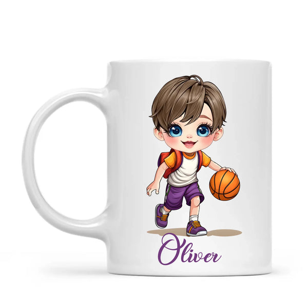 Personalised Basketball Kid Mug / Cup (Ceramic or Enamel) – Customised with Name, Hair, Eyes & Skin Tone