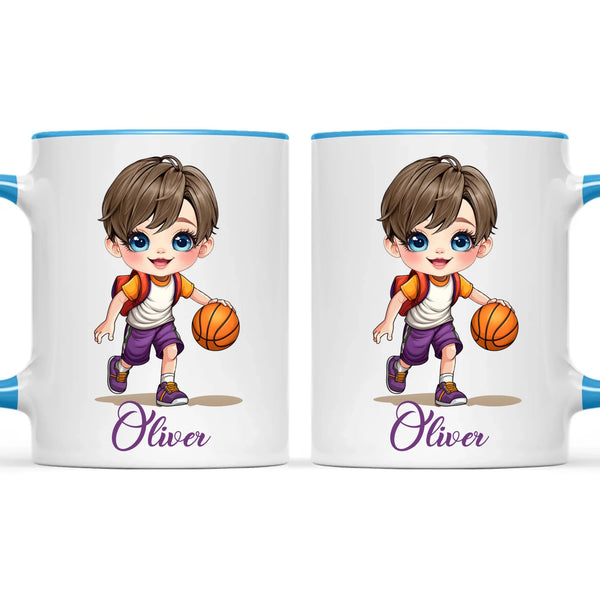 Personalised Basketball Kid Mug / Cup (Ceramic or Enamel) – Customised with Name, Hair, Eyes & Skin Tone