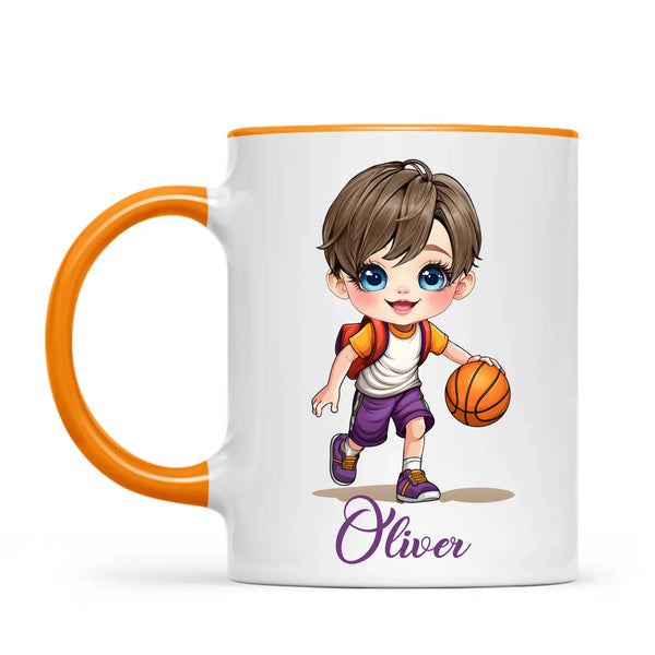 Personalised Basketball Kid Mug / Cup (Ceramic or Enamel) – Customised with Name, Hair, Eyes & Skin Tone
