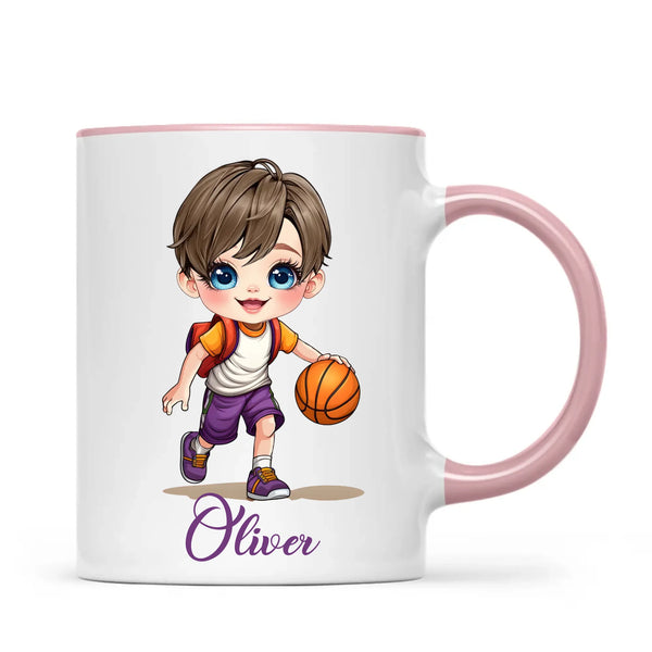Personalised Basketball Kid Mug / Cup (Ceramic or Enamel) – Customised with Name, Hair, Eyes & Skin Tone