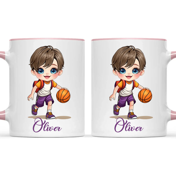 Personalised Basketball Kid Mug / Cup (Ceramic or Enamel) – Customised with Name, Hair, Eyes & Skin Tone
