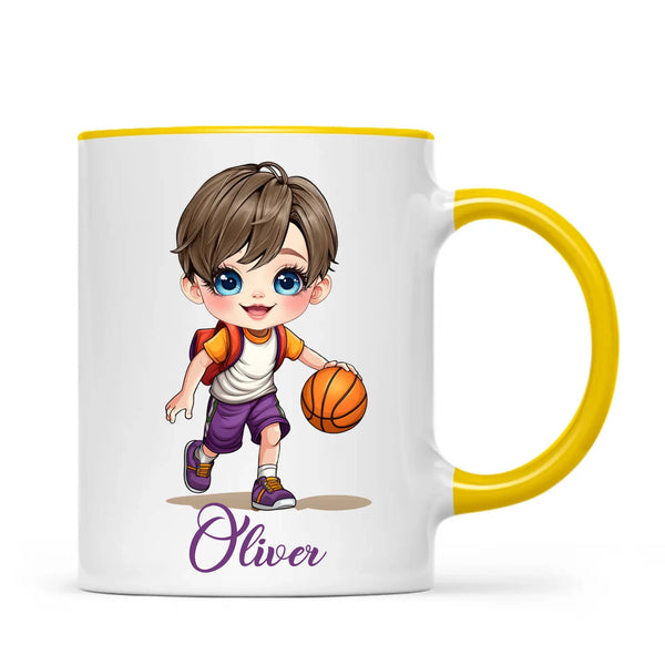 Personalised Basketball Kid Mug / Cup (Ceramic or Enamel) – Customised with Name, Hair, Eyes & Skin Tone