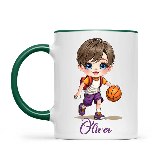 Personalised Basketball Kid Mug / Cup (Ceramic or Enamel) – Customised with Name, Hair, Eyes & Skin Tone