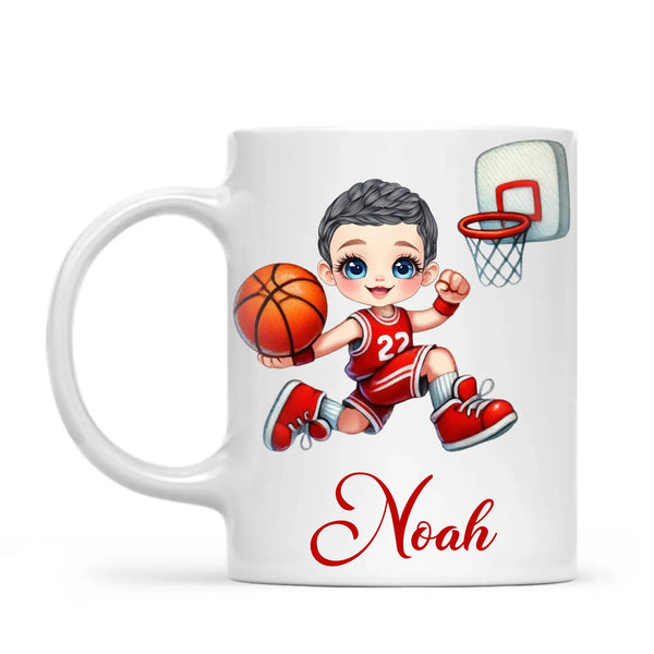 Personalised Basketball Dunk Shot Mug / Cup (Ceramic or Enamel) – Customised with Name, Hair, Eyes & Skin Tone