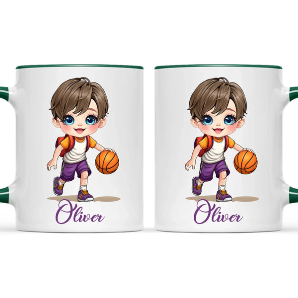 Personalised Basketball Kid Mug / Cup (Ceramic or Enamel) – Customised with Name, Hair, Eyes & Skin Tone