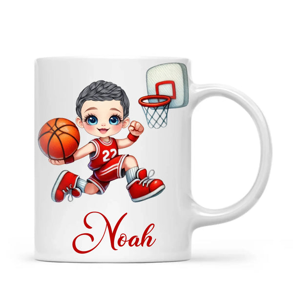 Personalised Basketball Dunk Shot Mug / Cup (Ceramic or Enamel) – Customised with Name, Hair, Eyes & Skin Tone