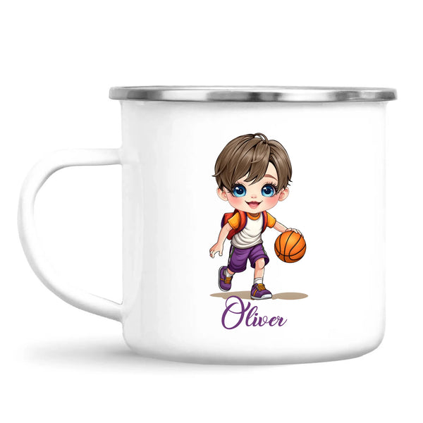 Personalised Basketball Kid Mug / Cup (Ceramic or Enamel) – Customised with Name, Hair, Eyes & Skin Tone