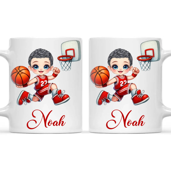 Personalised Basketball Dunk Shot Mug / Cup (Ceramic or Enamel) – Customised with Name, Hair, Eyes & Skin Tone