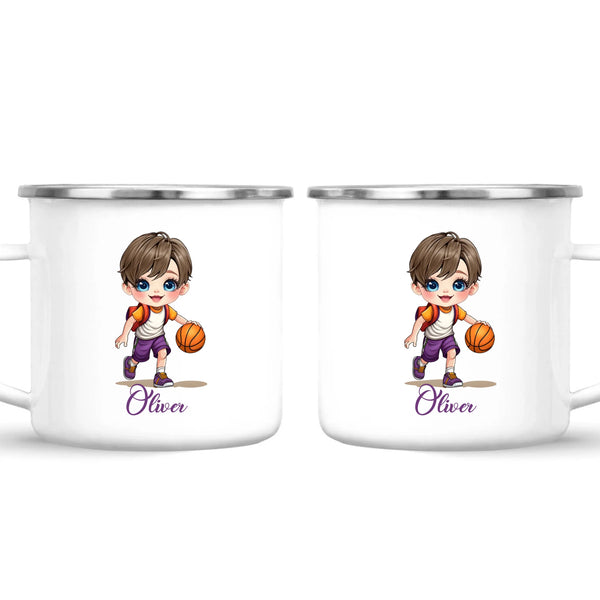 Personalised Basketball Kid Mug / Cup (Ceramic or Enamel) – Customised with Name, Hair, Eyes & Skin Tone