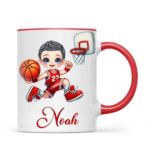 Personalised Basketball Dunk Shot Mug / Cup (Ceramic or Enamel) – Customised with Name, Hair, Eyes & Skin Tone