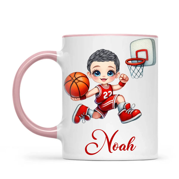 Personalised Basketball Dunk Shot Mug / Cup (Ceramic or Enamel) – Customised with Name, Hair, Eyes & Skin Tone