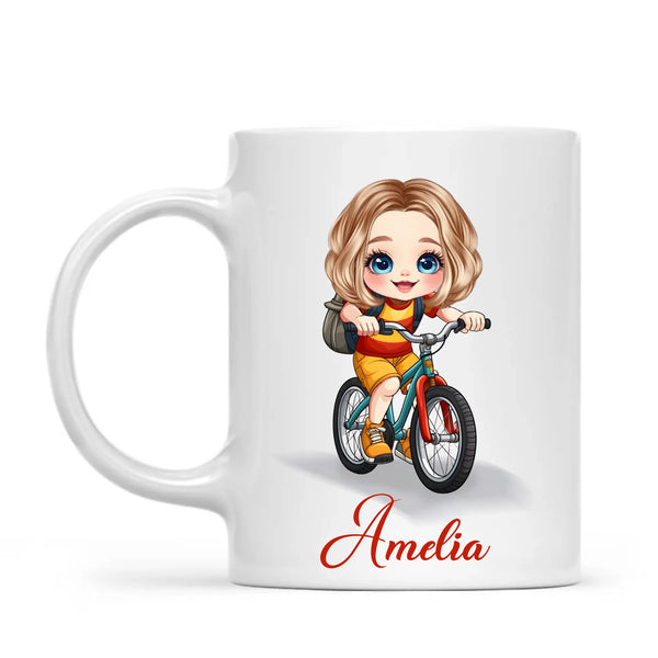 Personalised Bicycle Adventure Mug / Cup (Ceramic or Enamel) – Customised with Name, Hair, Eyes & Skin Tone