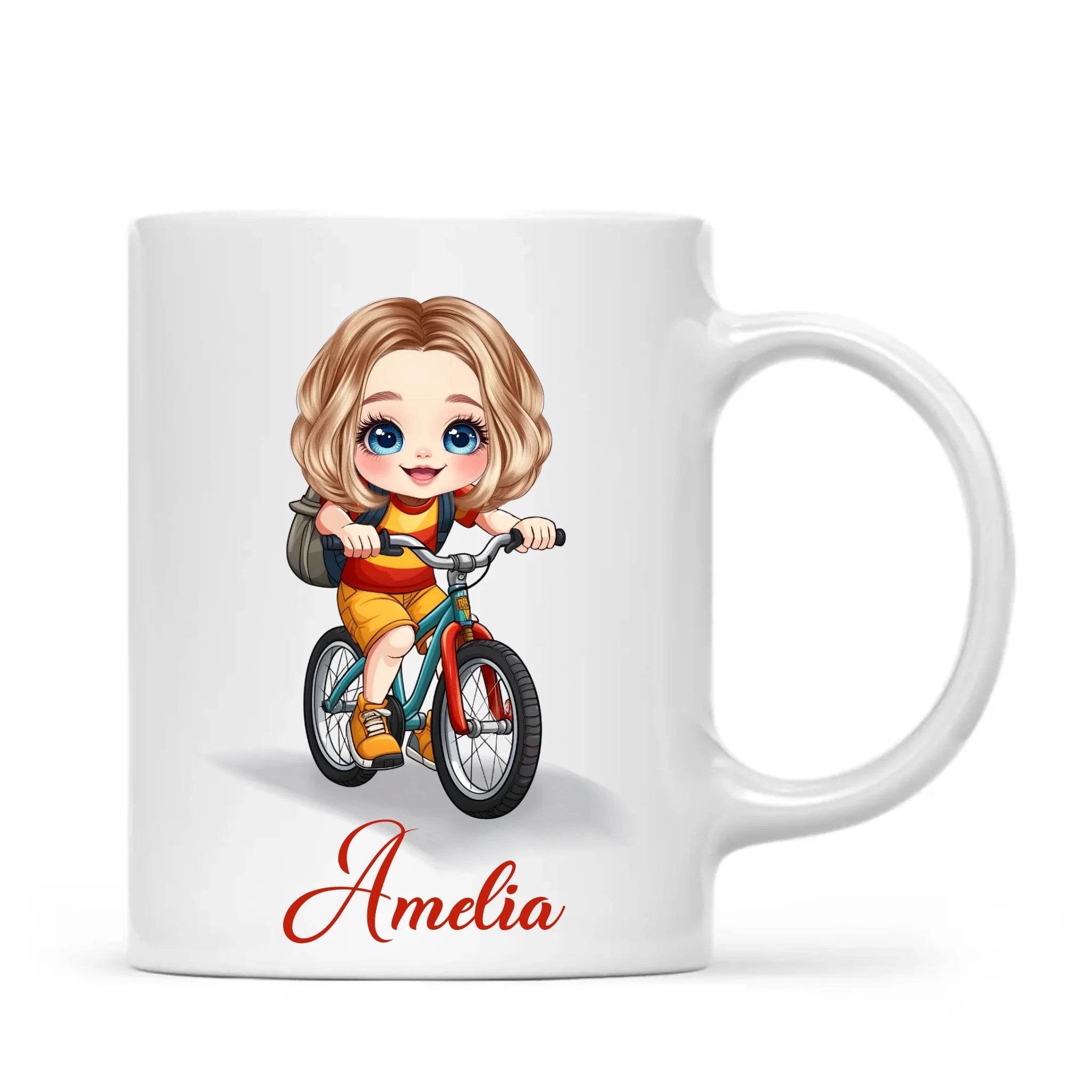 Personalised Bicycle Adventure Mug / Cup (Ceramic or Enamel) – Customised with Name, Hair, Eyes & Skin Tone