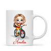 Personalised Bicycle Adventure Mug / Cup (Ceramic or Enamel) – Customised with Name, Hair, Eyes & Skin Tone