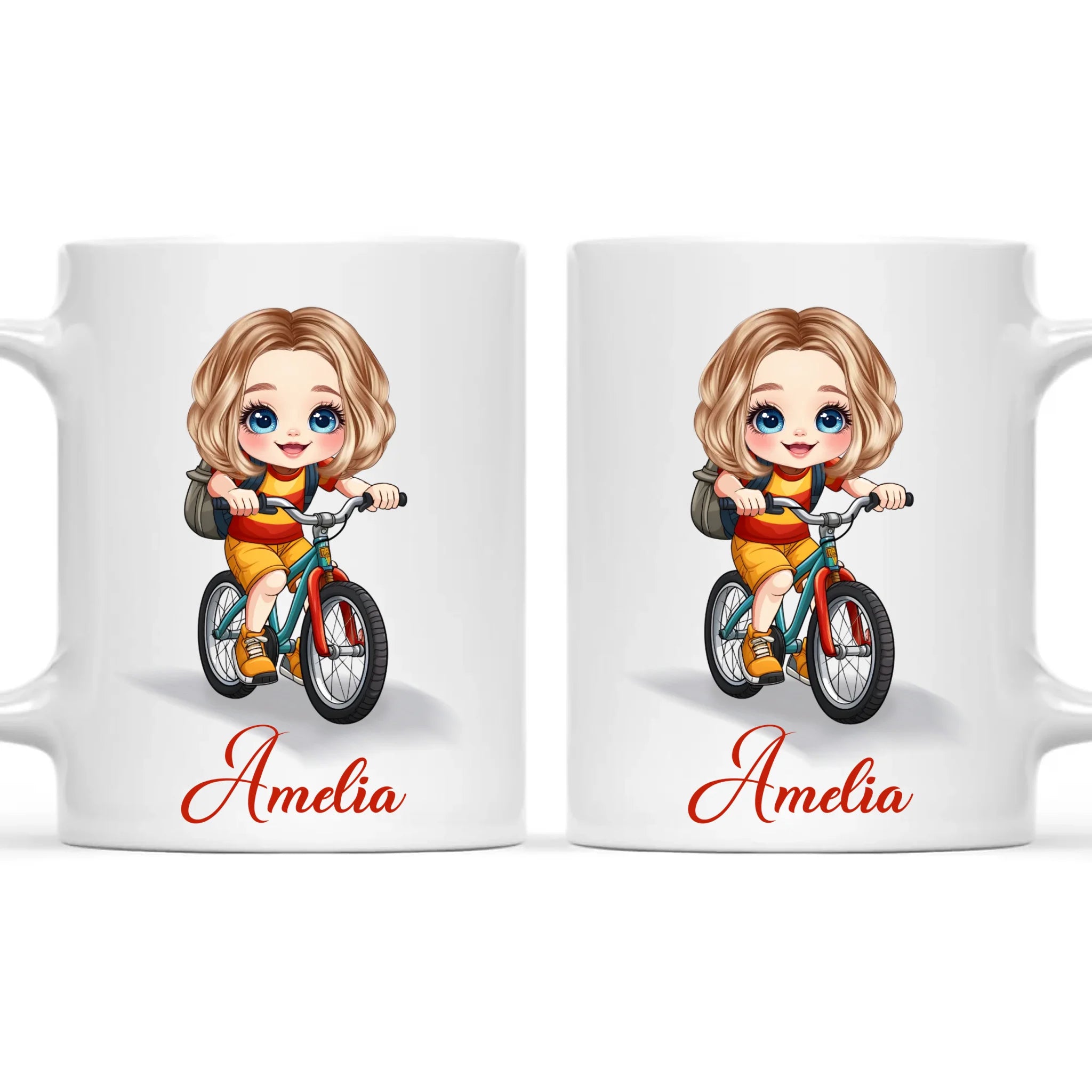 Personalised Bicycle Adventure Mug / Cup (Ceramic or Enamel) – Customised with Name, Hair, Eyes & Skin Tone