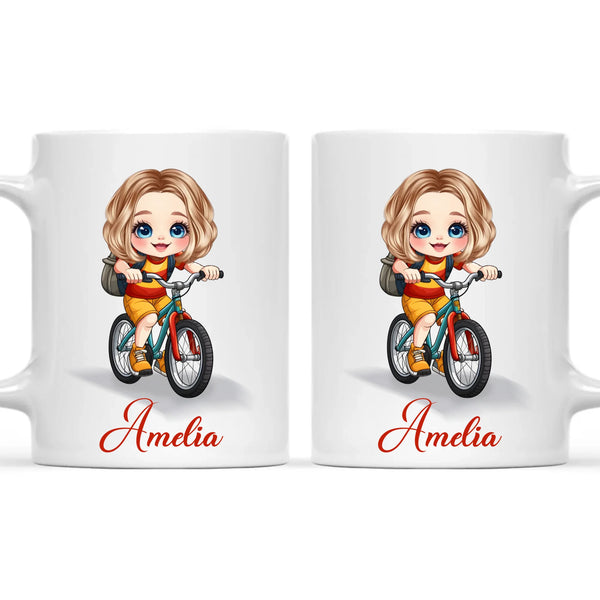 Personalised Bicycle Adventure Mug / Cup (Ceramic or Enamel) – Customised with Name, Hair, Eyes & Skin Tone