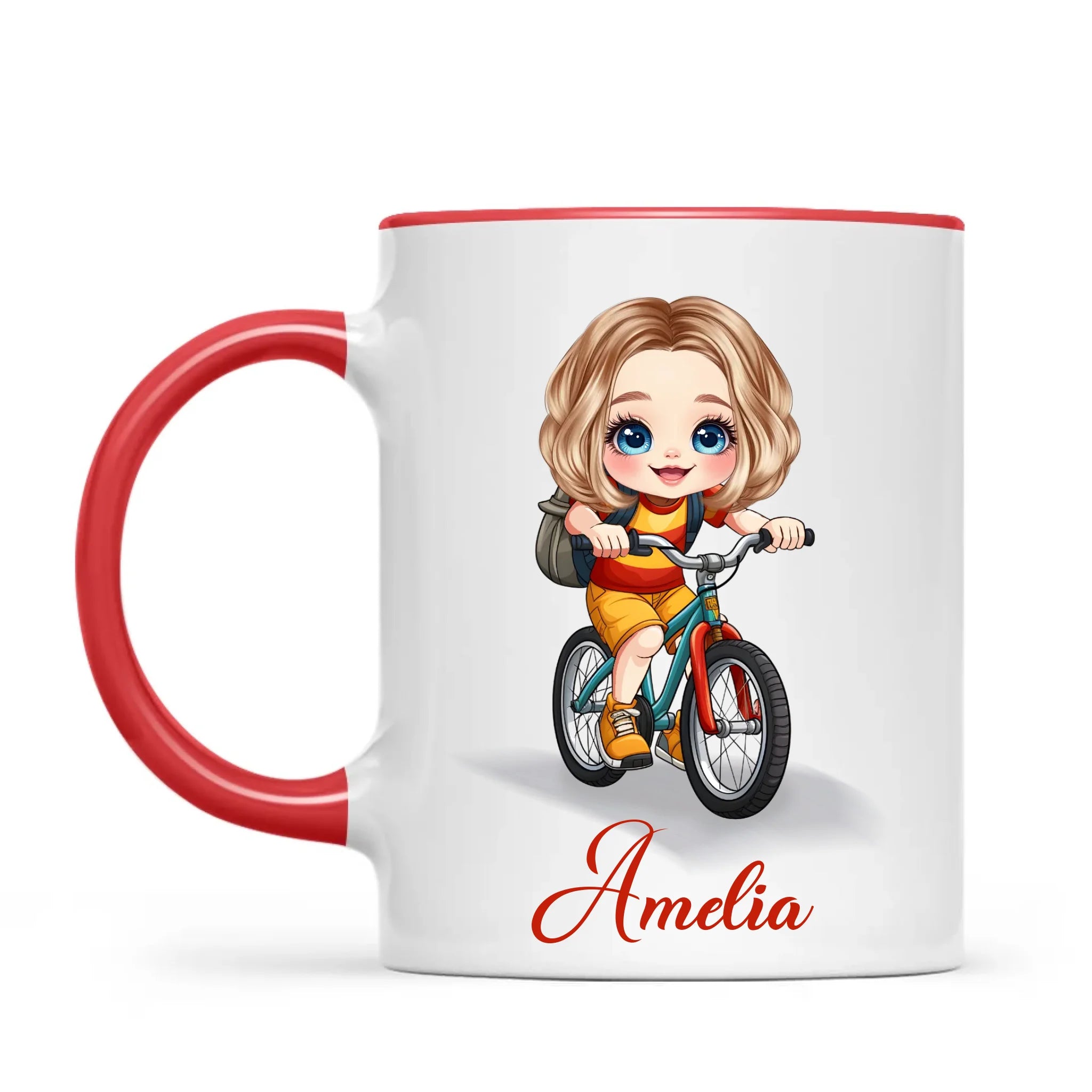 Personalised Bicycle Adventure Mug / Cup (Ceramic or Enamel) – Customised with Name, Hair, Eyes & Skin Tone