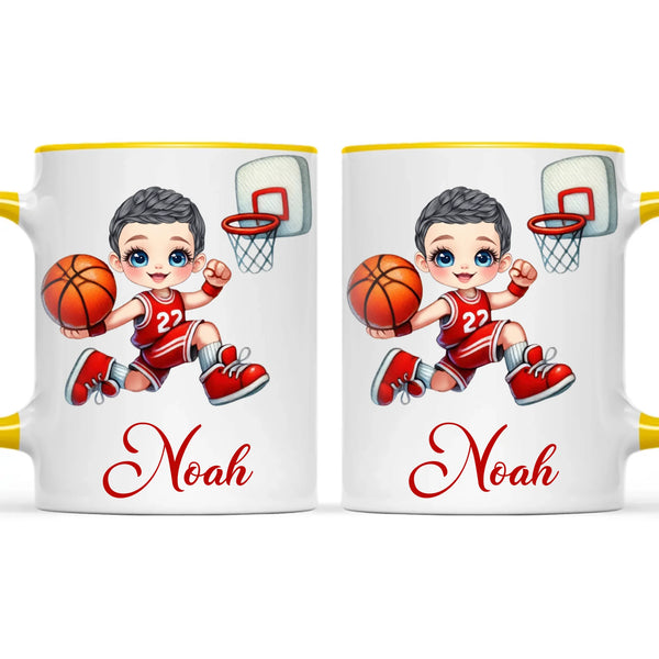 Personalised Basketball Dunk Shot Mug / Cup (Ceramic or Enamel) – Customised with Name, Hair, Eyes & Skin Tone