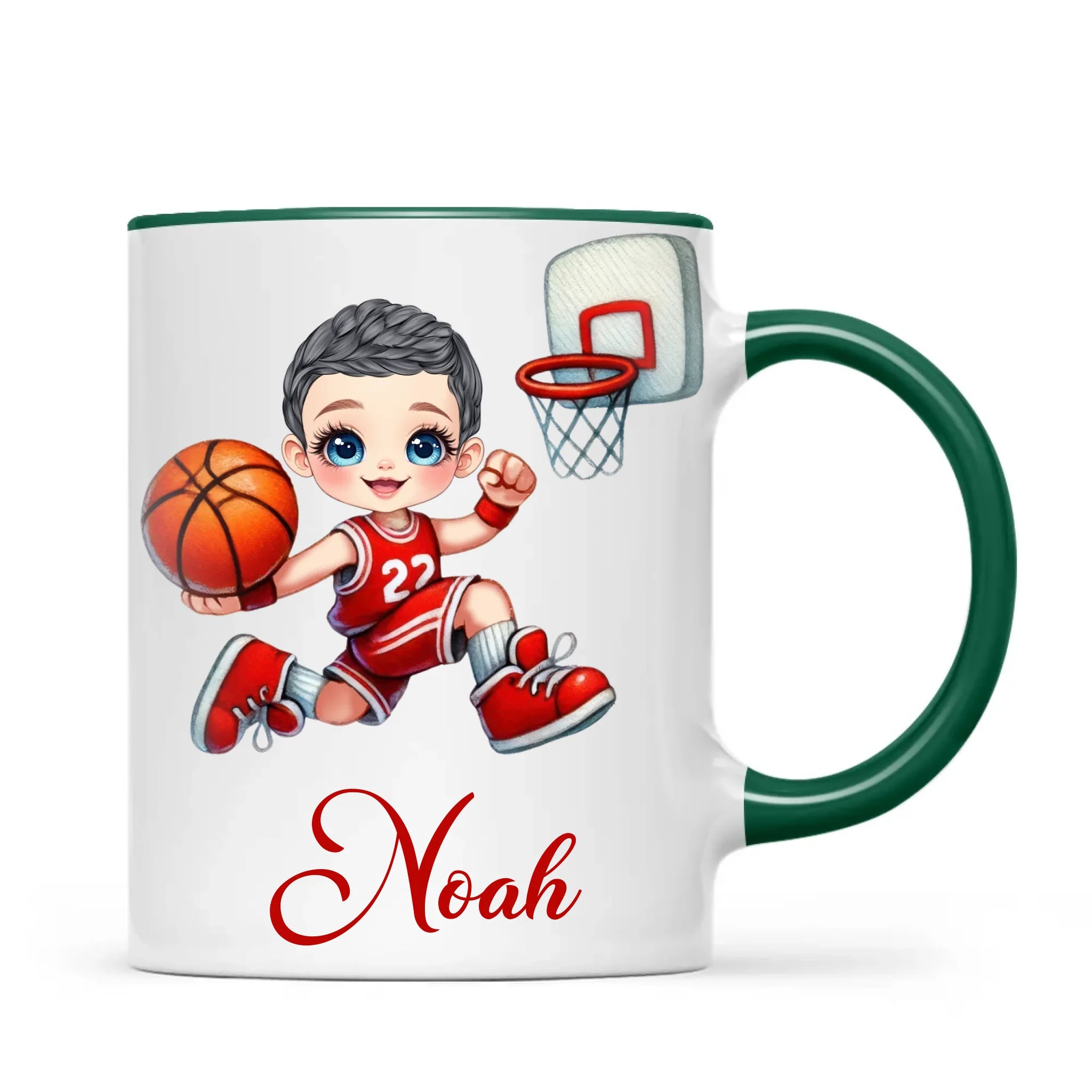 Personalised Basketball Dunk Shot Mug / Cup (Ceramic or Enamel) – Customised with Name, Hair, Eyes & Skin Tone