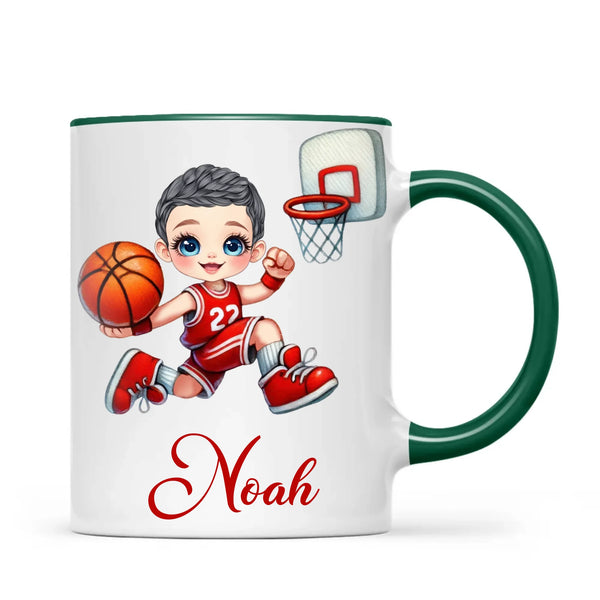 Personalised Basketball Dunk Shot Mug / Cup (Ceramic or Enamel) – Customised with Name, Hair, Eyes & Skin Tone
