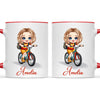 Personalised Bicycle Adventure Mug / Cup (Ceramic or Enamel) – Customised with Name, Hair, Eyes & Skin Tone