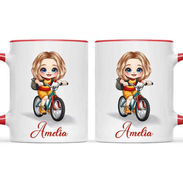 Personalised Bicycle Adventure Mug / Cup (Ceramic or Enamel) – Customised with Name, Hair, Eyes & Skin Tone