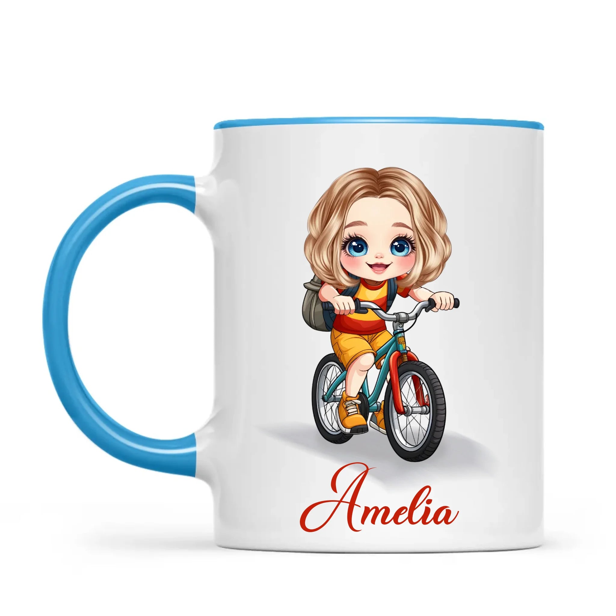 Personalised Bicycle Adventure Mug / Cup (Ceramic or Enamel) – Customised with Name, Hair, Eyes & Skin Tone