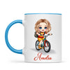 Personalised Bicycle Adventure Mug / Cup (Ceramic or Enamel) – Customised with Name, Hair, Eyes & Skin Tone