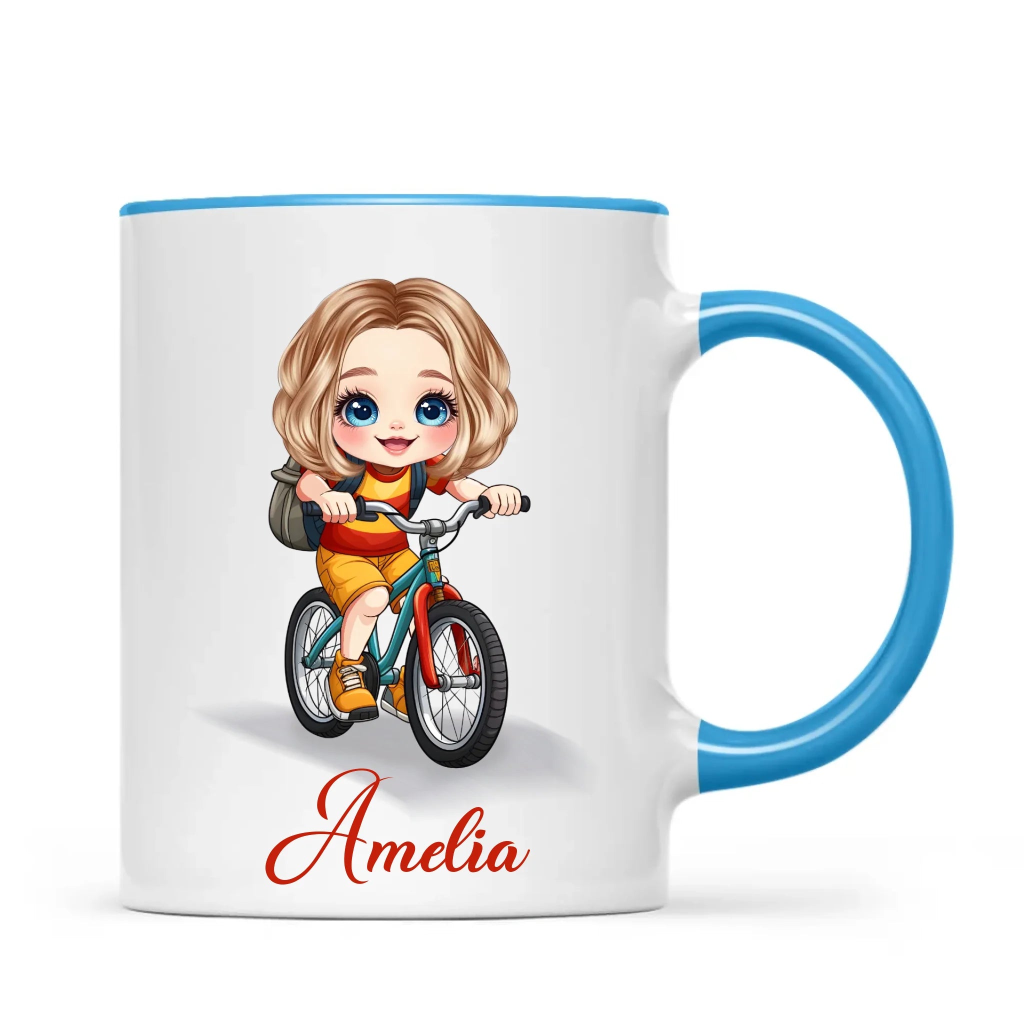 Personalised Bicycle Adventure Mug / Cup (Ceramic or Enamel) – Customised with Name, Hair, Eyes & Skin Tone