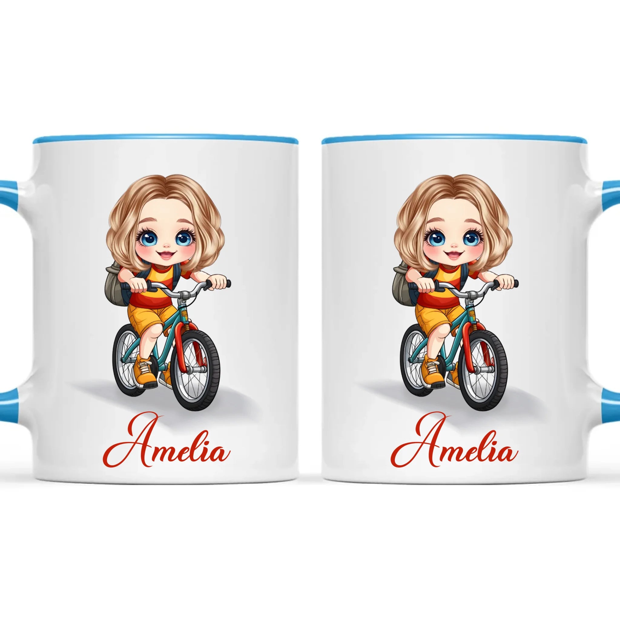 Personalised Bicycle Adventure Mug / Cup (Ceramic or Enamel) – Customised with Name, Hair, Eyes & Skin Tone
