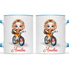 Personalised Bicycle Adventure Mug / Cup (Ceramic or Enamel) – Customised with Name, Hair, Eyes & Skin Tone