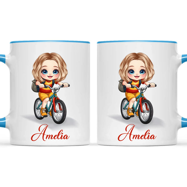 Personalised Bicycle Adventure Mug / Cup (Ceramic or Enamel) – Customised with Name, Hair, Eyes & Skin Tone