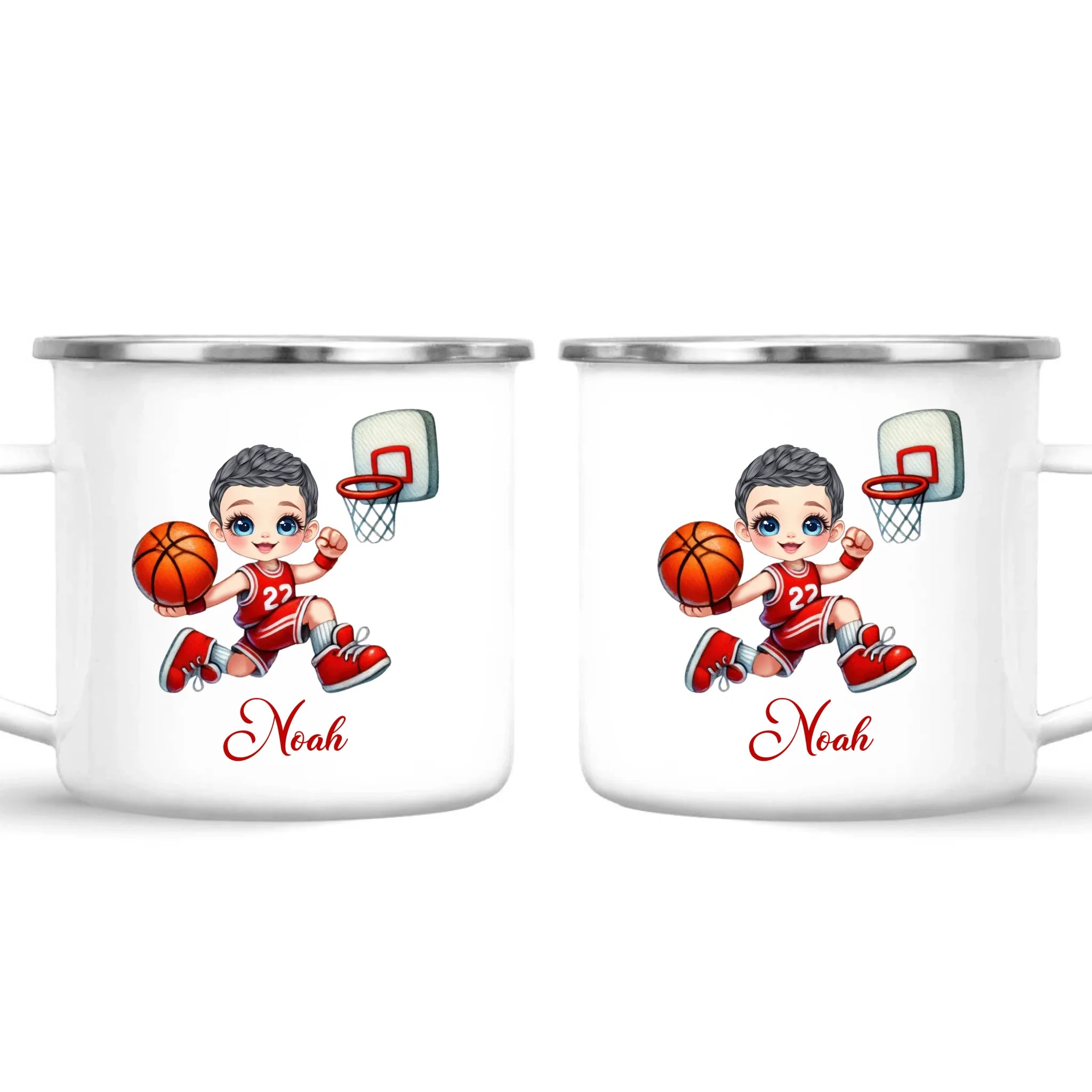 Personalised Basketball Dunk Shot Mug / Cup (Ceramic or Enamel) – Customised with Name, Hair, Eyes & Skin Tone