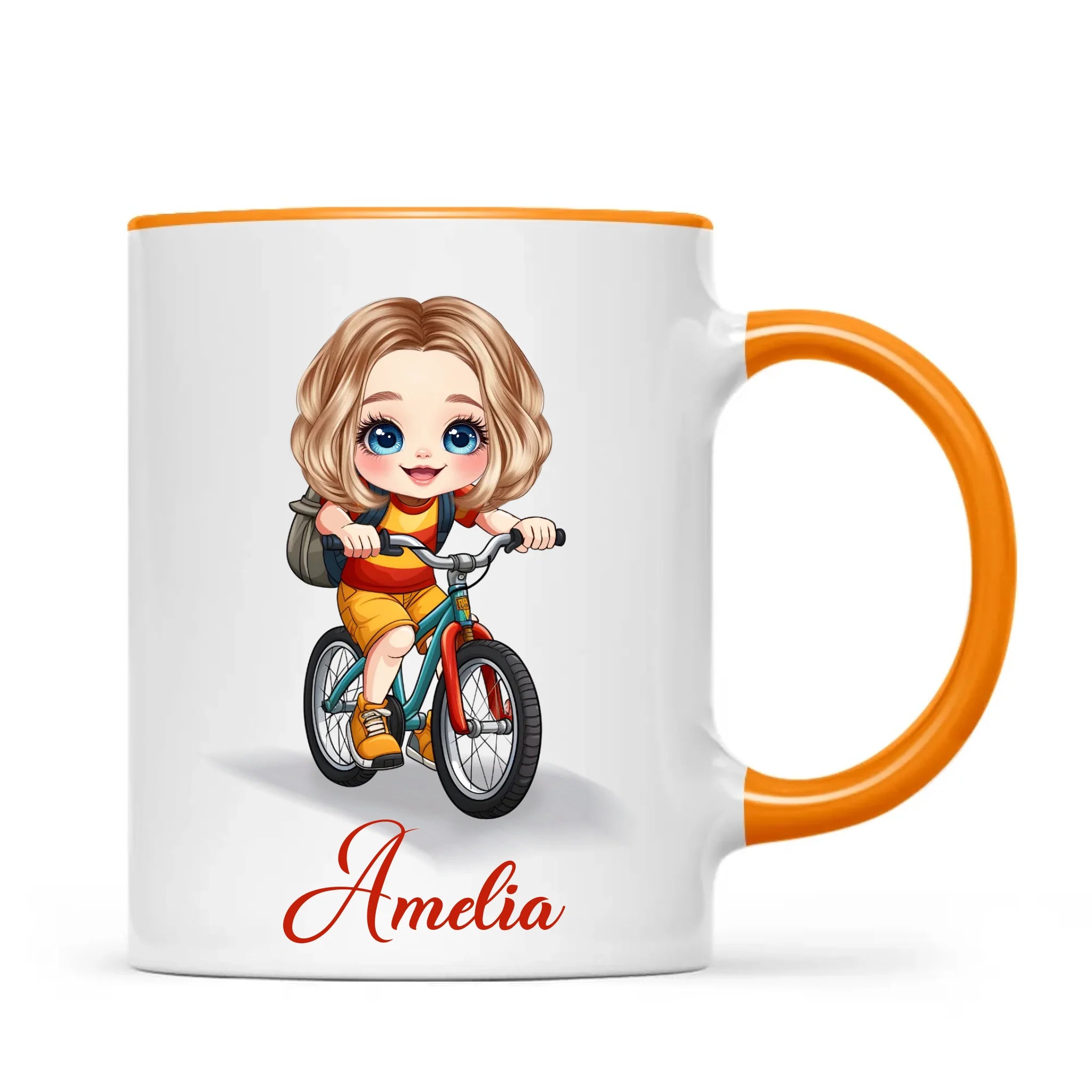 Personalised Bicycle Adventure Mug / Cup (Ceramic or Enamel) – Customised with Name, Hair, Eyes & Skin Tone
