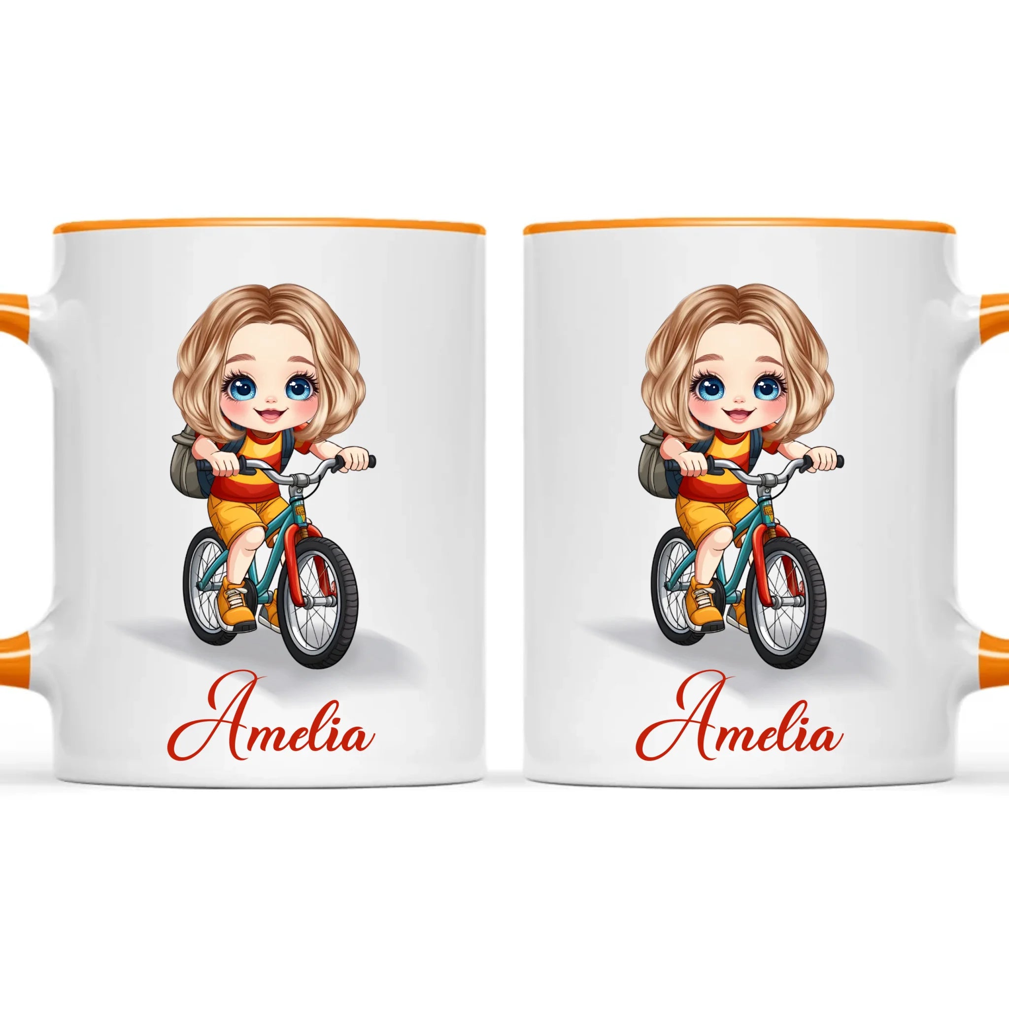 Personalised Bicycle Adventure Mug / Cup (Ceramic or Enamel) – Customised with Name, Hair, Eyes & Skin Tone