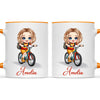 Personalised Bicycle Adventure Mug / Cup (Ceramic or Enamel) – Customised with Name, Hair, Eyes & Skin Tone