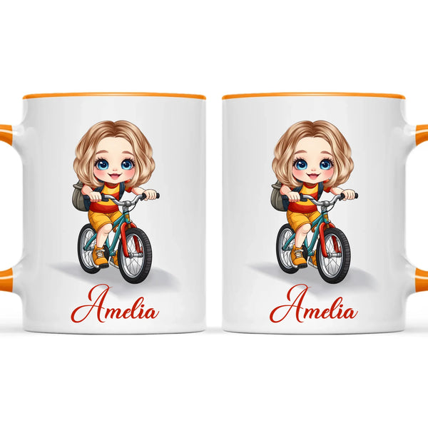 Personalised Bicycle Adventure Mug / Cup (Ceramic or Enamel) – Customised with Name, Hair, Eyes & Skin Tone