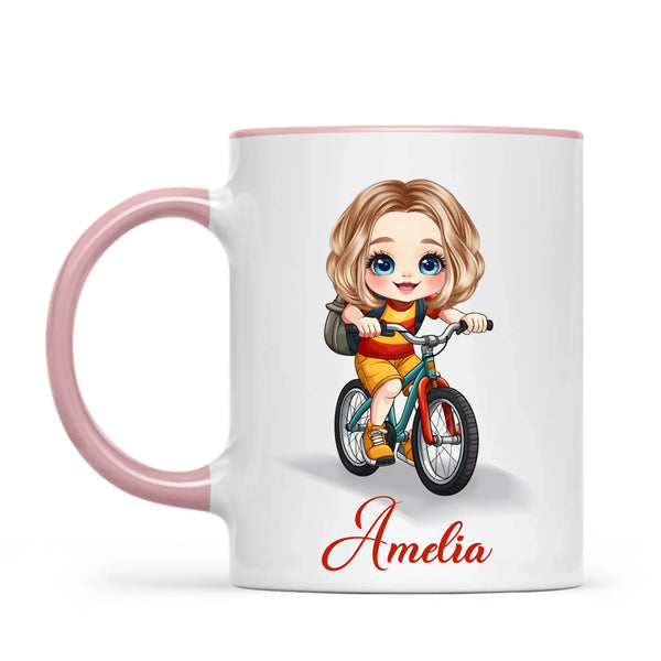 Personalised Bicycle Adventure Mug / Cup (Ceramic or Enamel) – Customised with Name, Hair, Eyes & Skin Tone