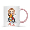 Personalised Bicycle Adventure Mug / Cup (Ceramic or Enamel) – Customised with Name, Hair, Eyes & Skin Tone