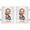 Personalised Bicycle Adventure Mug / Cup (Ceramic or Enamel) – Customised with Name, Hair, Eyes & Skin Tone