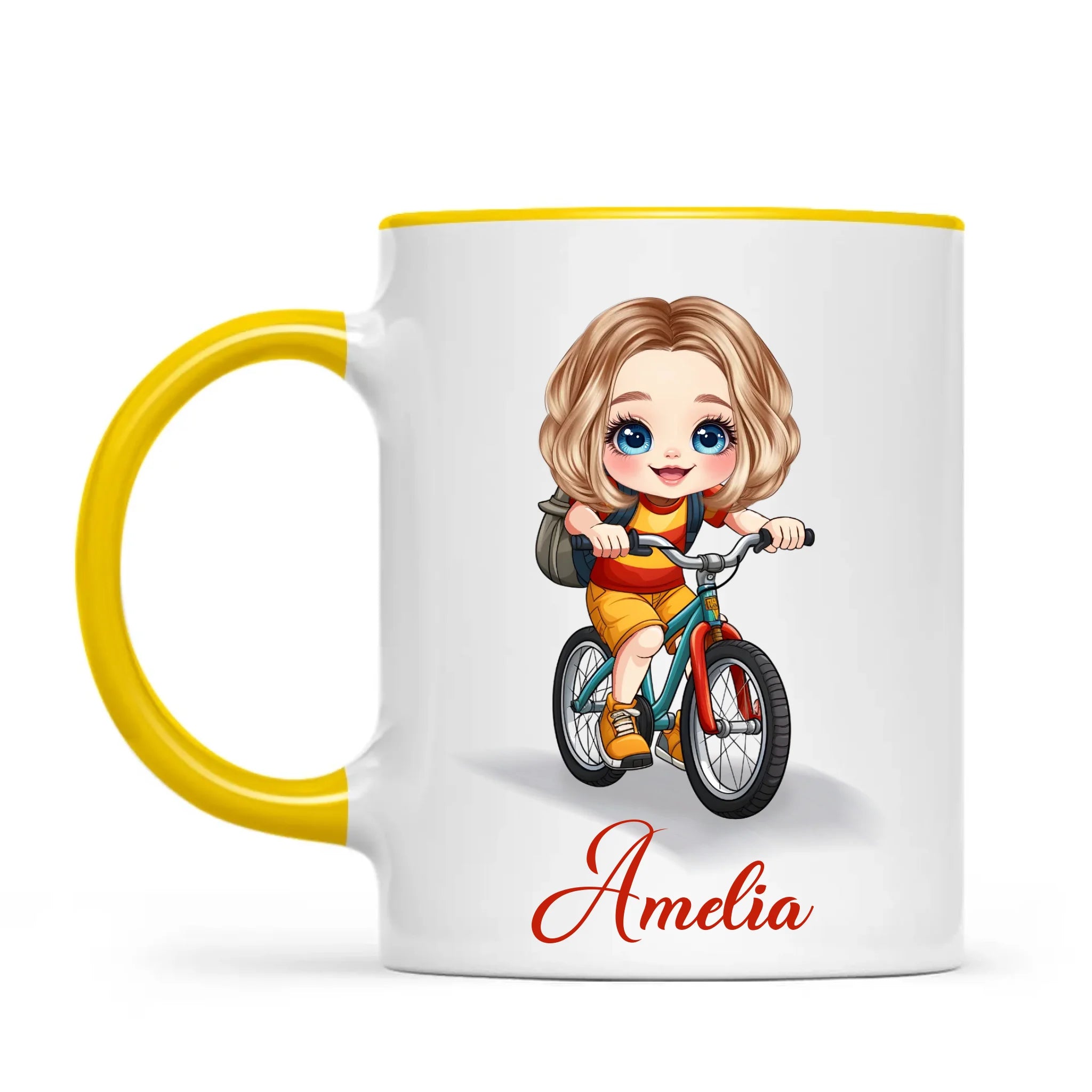 Personalised Bicycle Adventure Mug / Cup (Ceramic or Enamel) – Customised with Name, Hair, Eyes & Skin Tone
