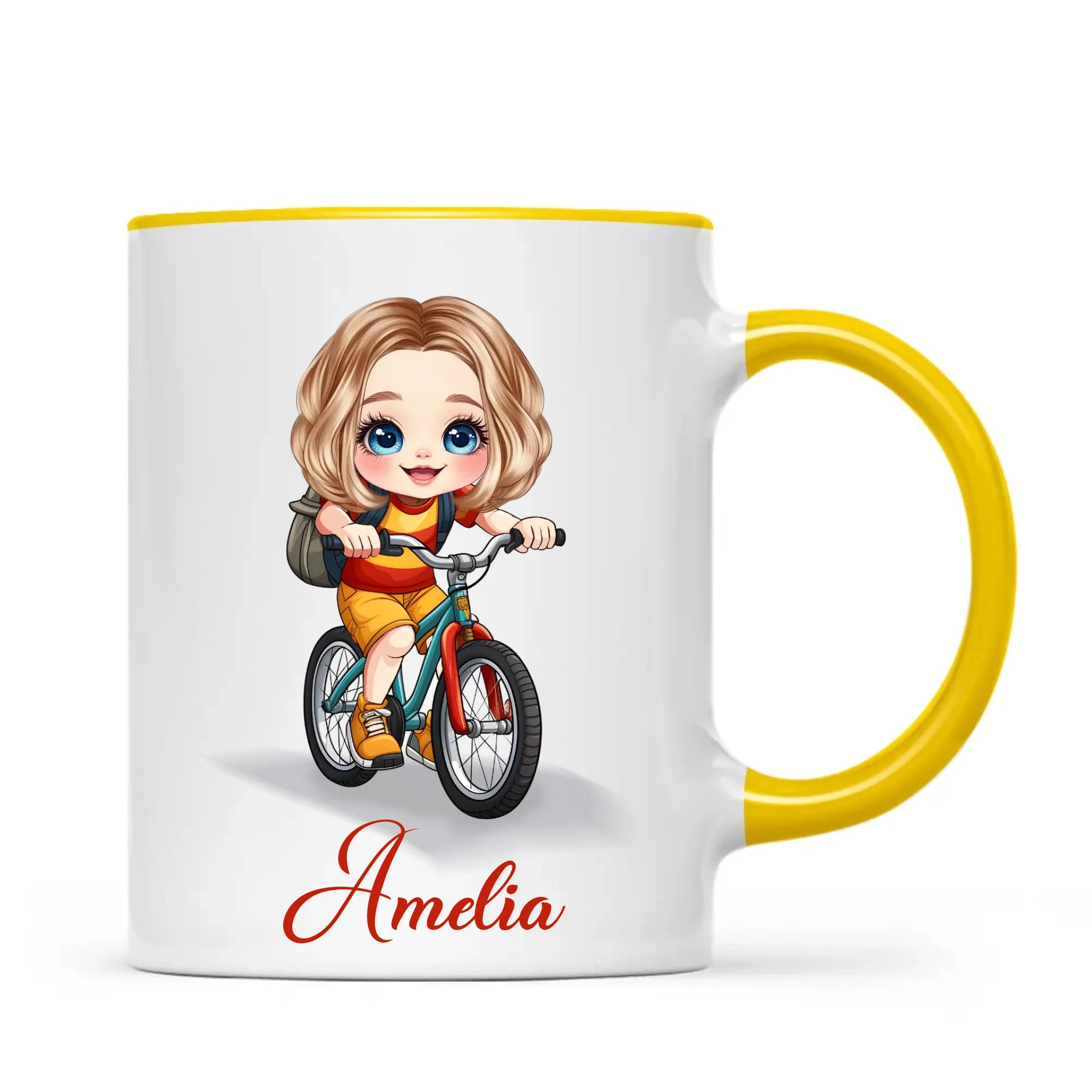 Personalised Bicycle Adventure Mug / Cup (Ceramic or Enamel) – Customised with Name, Hair, Eyes & Skin Tone