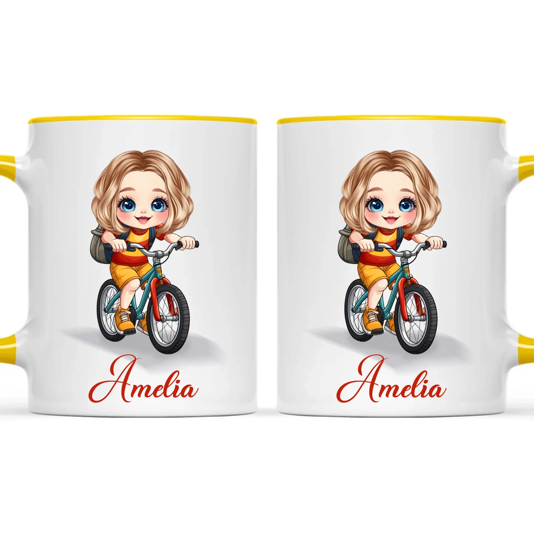 Personalised Bicycle Adventure Mug / Cup (Ceramic or Enamel) – Customised with Name, Hair, Eyes & Skin Tone