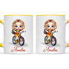 Personalised Bicycle Adventure Mug / Cup (Ceramic or Enamel) – Customised with Name, Hair, Eyes & Skin Tone